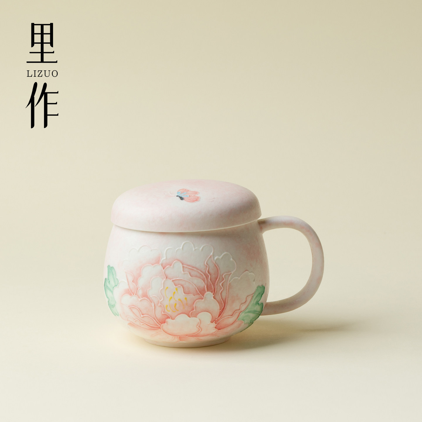 里作浅粉牡丹办公杯高颜值雪花白居家马克杯带过滤茶水分离杯水杯