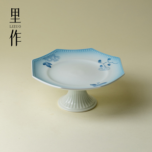 有田烧手绘雀蓝高足壶承新中式 里作 高颜值茶点盘功夫茶具干泡盘