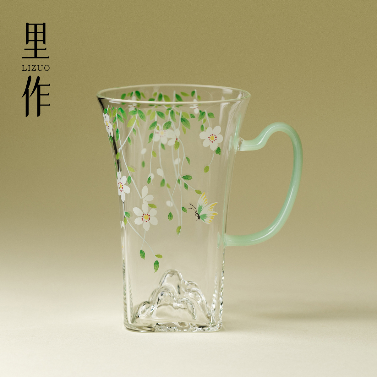 里作小清新花朝绿茶杯高硼硅耐热玻璃马克杯个人专用喝水杯泡茶杯