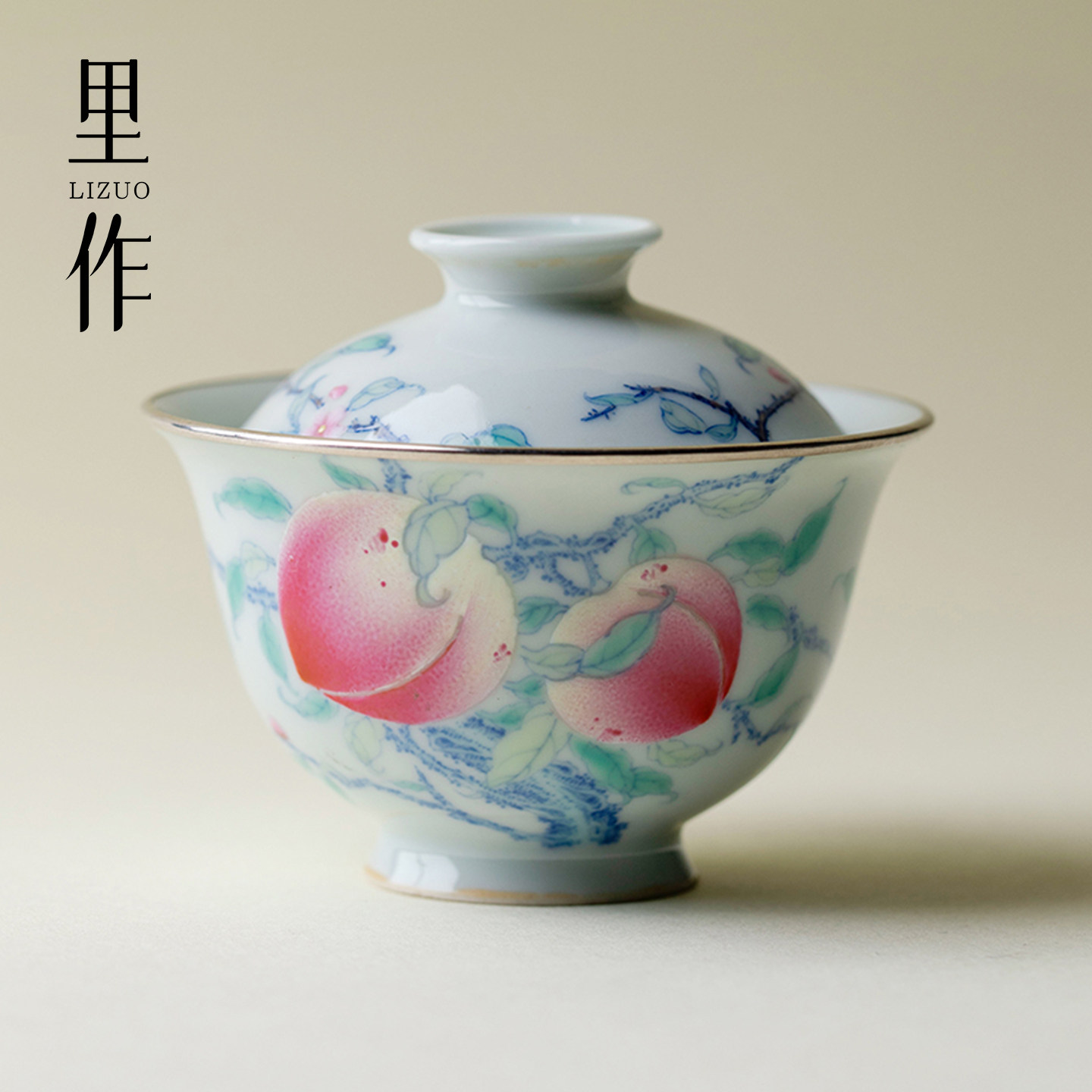 里作包纯银口薄胎撇口不烫手盖碗手绘青花斗彩全手工胎寿桃泡茶碗