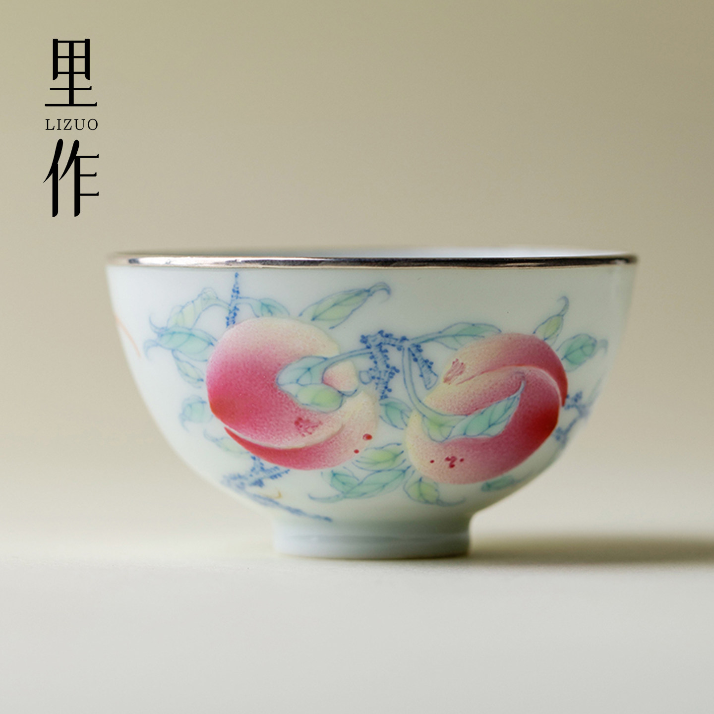 里作景德镇全手工茶杯手绘青花斗彩寿桃品茗杯高端陶瓷主人杯单杯