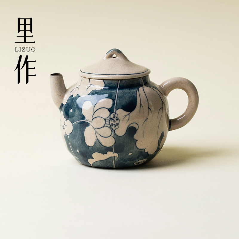 里作 日式粗陶青花手绘茶壶高端创意泡茶壶诧寂风陶艺带过滤单壶