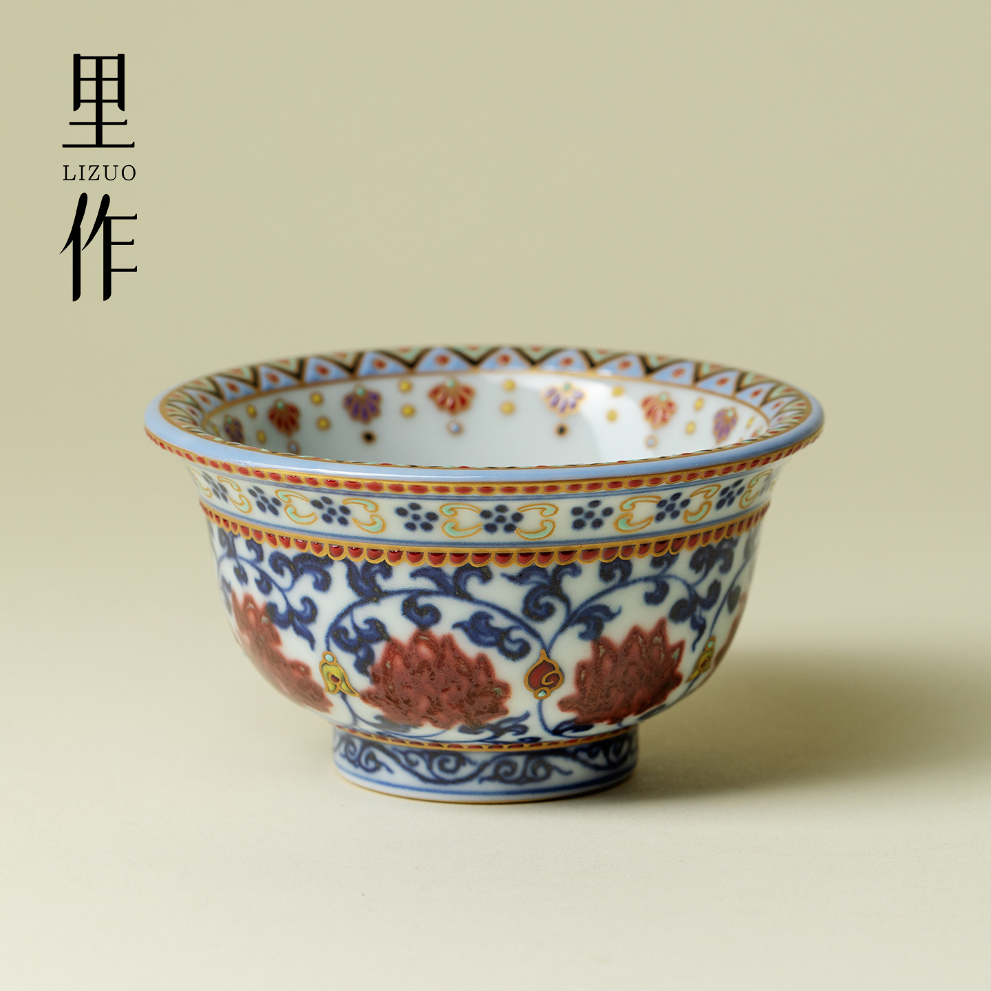 里作灵玺贡坊青花釉里红压手杯景德镇手工手绘主人杯高端瓷器茶杯