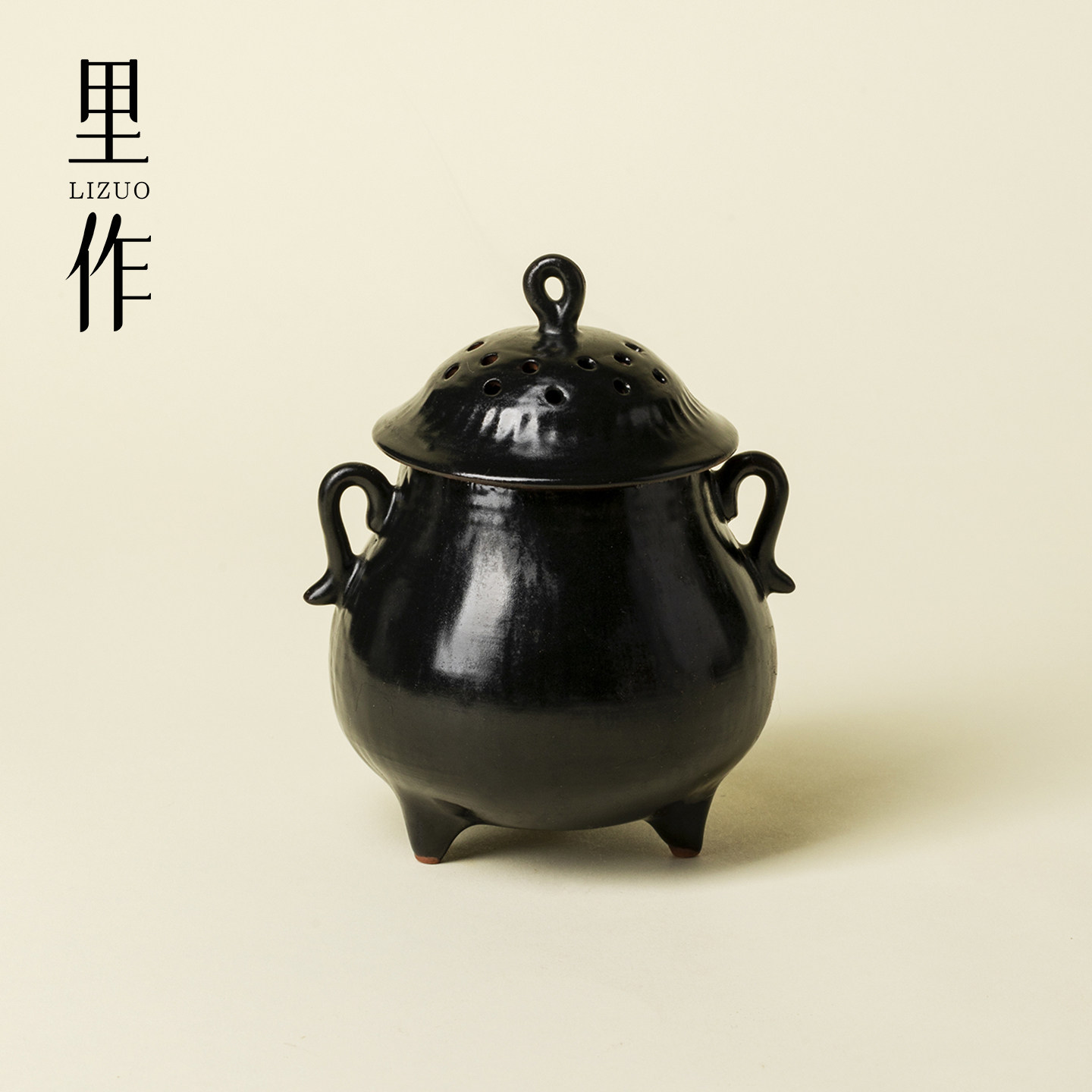 里作 复古陶艺家用三足熏香炉粗陶诧寂黑空弦香炉室内沉香檀香炉