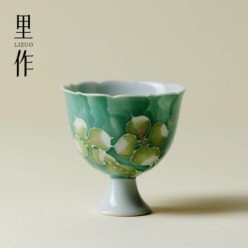 里作 景德镇釉下有田烧手绘高足花口茶杯高颜值女神杯原创品茗杯