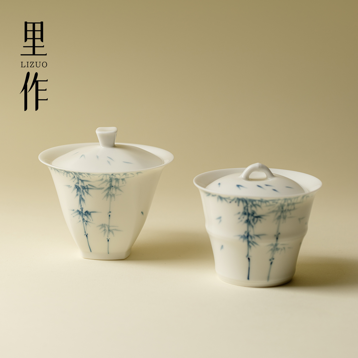 里作青花手绘竹子二才盖碗高端玉瓷手工薄胎不烫手泡茶碗功夫茶具