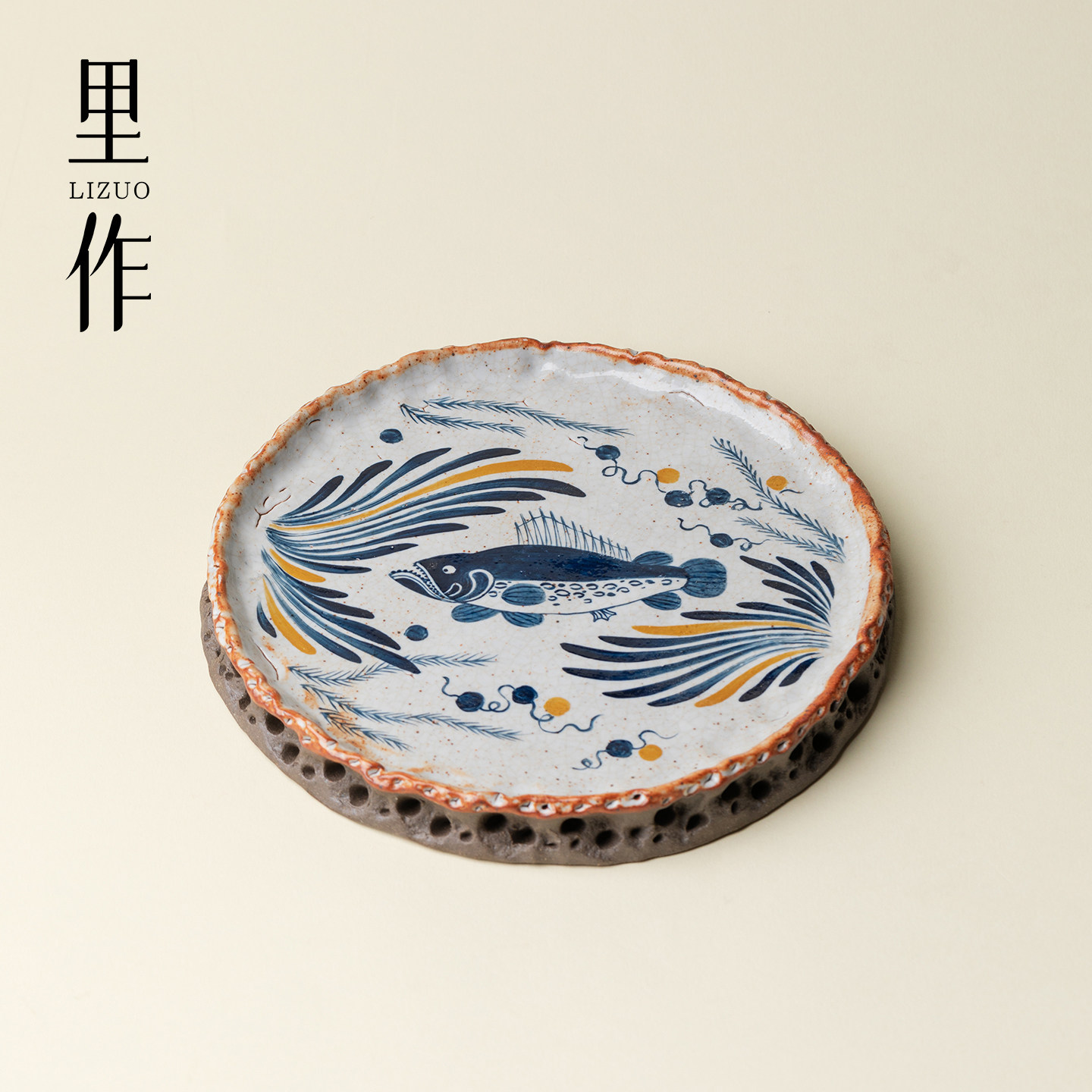 里作中式手工陶瓷壶承柴烧青花鳜鱼功夫茶具茶道配件防烫盖碗底托