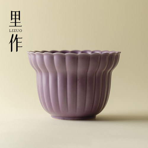 里作大容量陶瓷建水原矿釉野菊紫花瓣水盂精致手工茶渣缸茶道配件