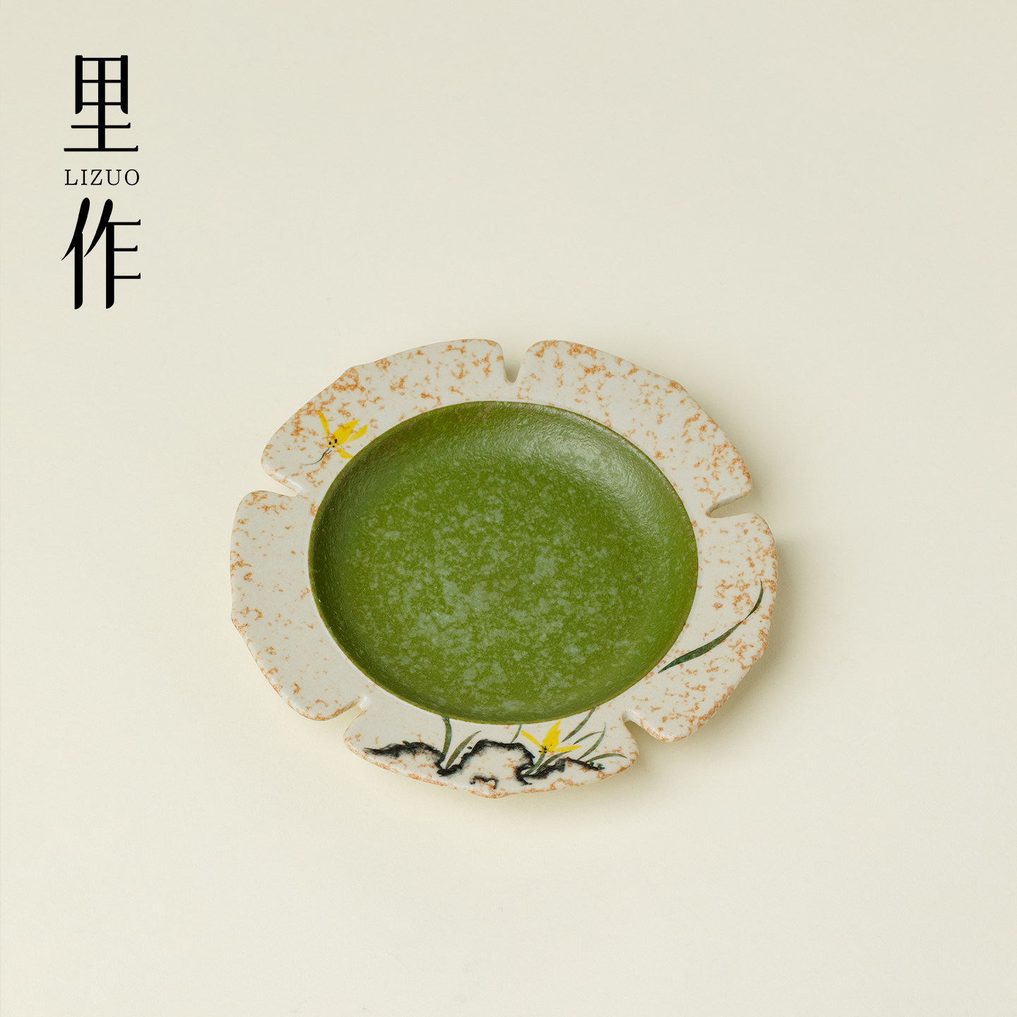 里作高颜值传统绿色杯垫茶杯咖啡杯底托小青柑手绘金兰花陶瓷茶托图片