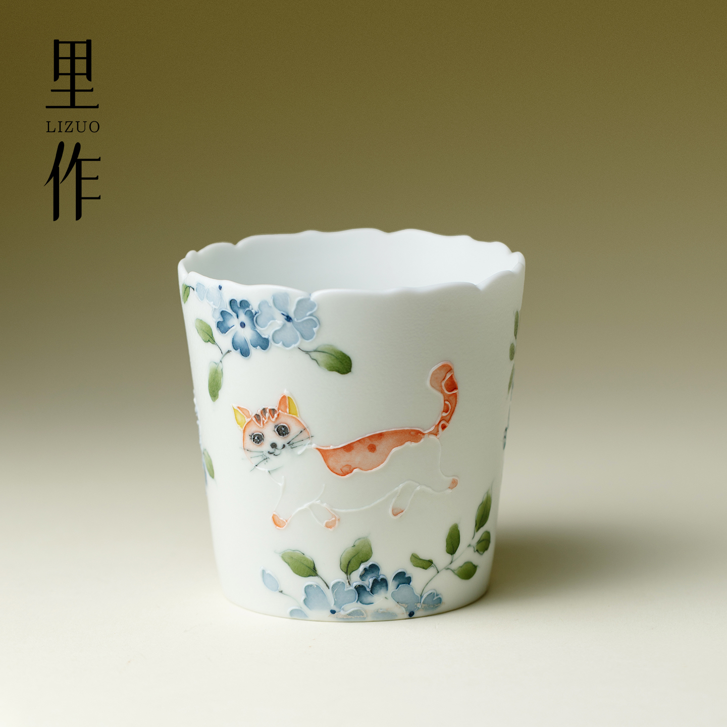 里作釉下彩手绘喵趣花语咖啡杯