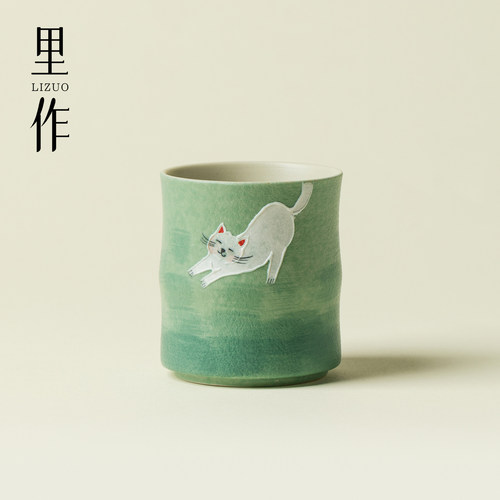 里作云青猫憩竹节杯高档手绘功夫茶具主人杯家用陶瓷创意品茗茶杯