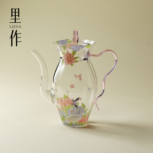 里作 锦簇绣球精致水仙壶花瓣粉把泡茶壶高硼硅玻璃纯手工分茶壶