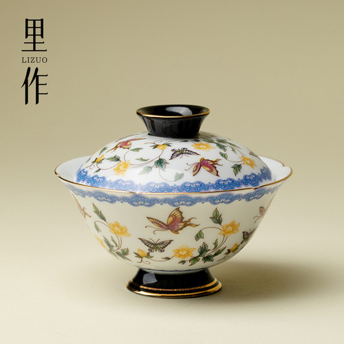 里作 金缘蝶绘薄胎盖碗创意手工陶瓷泡茶碗中式描金撇口茶碗茶具