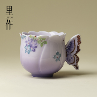 里作手绘紫霭迷蝶茶杯家用陶瓷主人杯品茗杯个人专用功夫茶具单杯