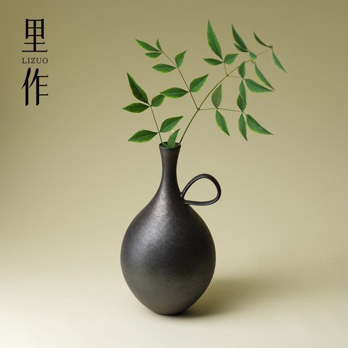 里作 日式窑变陶瓷花瓶高颜值墨金高级感小众玄关客厅插花花器
