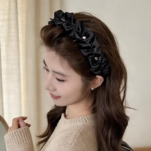 水钻褶皱缎面黑色洗脸发箍高颅顶赫本风遮白发宽边带齿发卡头箍