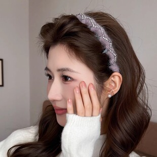 粉色毛线波浪洗脸发箍女高颅顶带齿水钻发卡高级感碎发整理头箍