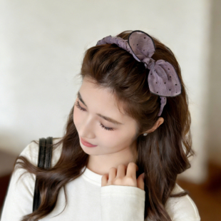 紫色发箍高颅顶带齿兔耳朵波点洗脸头箍蝴蝶结可爱洋气碎发压发捆
