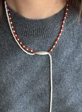 KAWA STONE 手工原创天然红玛瑙珍珠双层吊坠项链