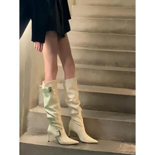 法式 覆古尖头皮带扣褶皱堆堆靴细跟高跟长靴女不过膝高筒靴骑士靴