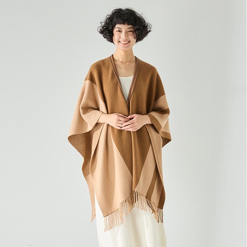 东黎100%山羊绒针织流苏斗篷披肩