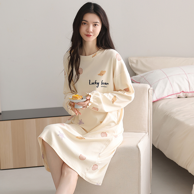 leonisa莱霓莎纯棉睡裙女款春秋季长袖睡衣可爱中长裙新款家居服