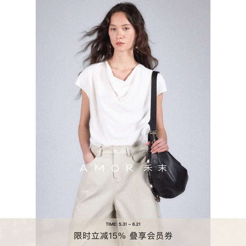AMOR禾末“纸间诗”气质荡领小飞袖腰部捏褶松弛感上衣纯色衬衫女