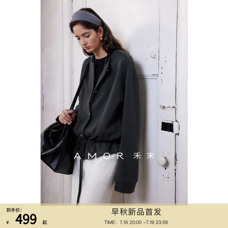 AMOR禾末 醋酸羊绒混纺miu系慵懒廓形宽松系带设计感圆领卫衣外套
