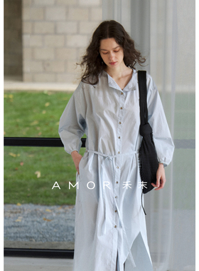 AMOR禾末 精梳60支纱落肩袖系带收腰纯棉直筒长袖衬衫连衣裙女