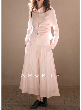 AMOR禾末 新款进口匹马棉白色衬衫上衣高腰A字半身裙伞裙套装女