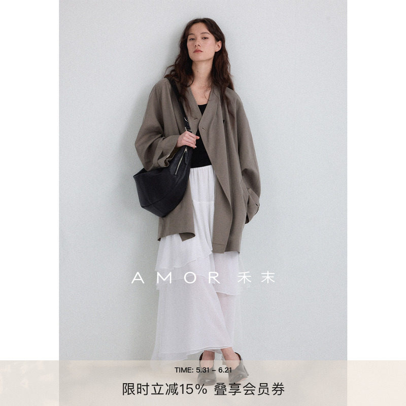 AMOR禾末“清冷诗意”重工砂洗莱赛尔偏门襟插肩袖廓形中长款风衣