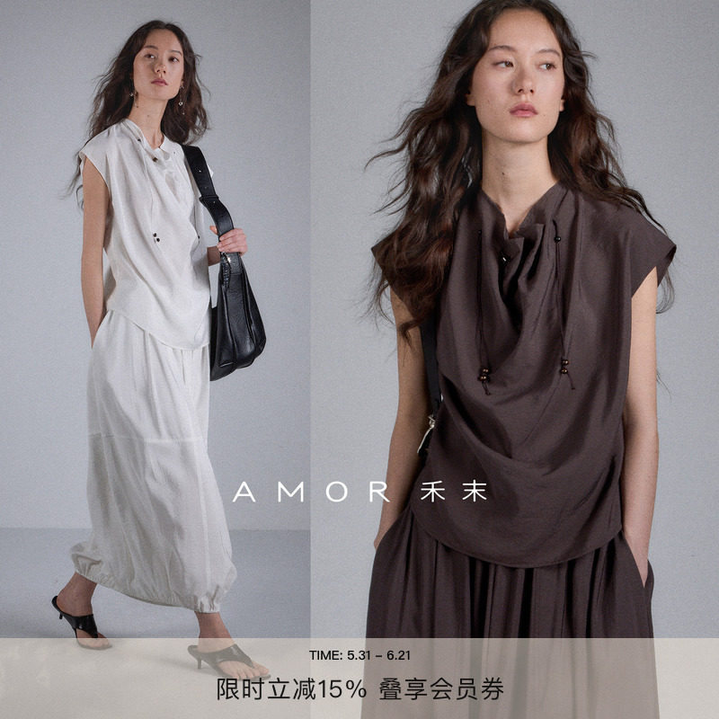 AMOR禾末“氛围美学家”自然肌理感串珠抽绳小飞袖上衣花苞半身裙