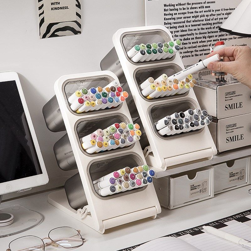三分格斜插笔筒马克笔水彩笔收纳盒轻奢高级感办公室桌面创意笔架