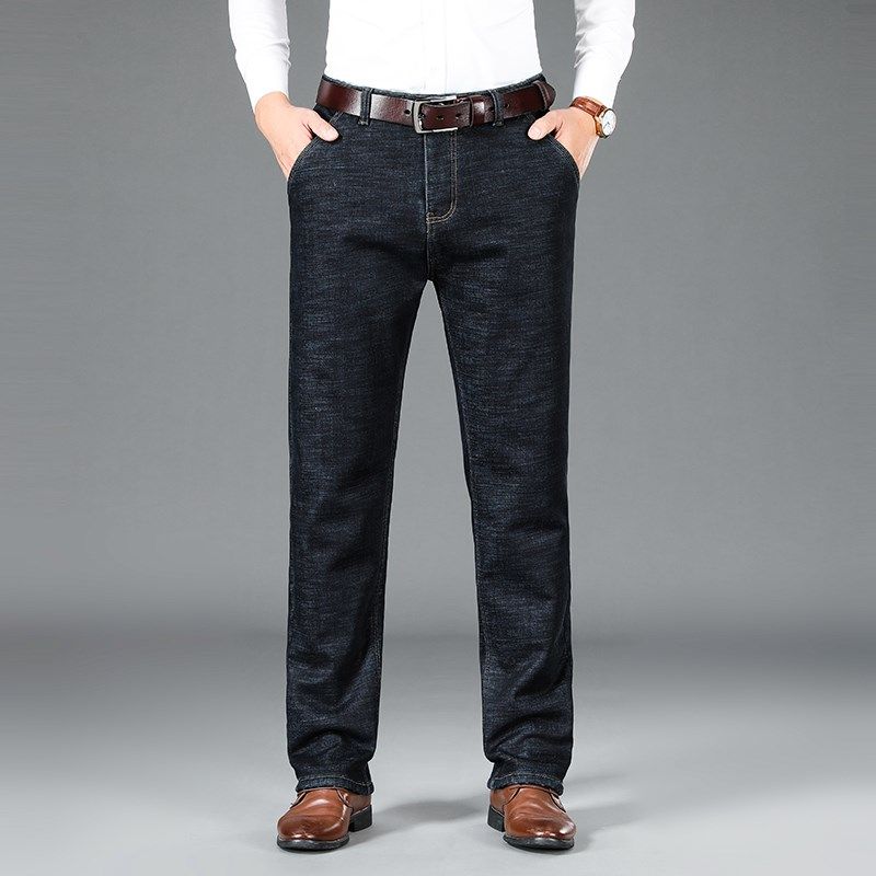 冬季羊羔绒牛仔裤男士加绒加厚宽松直筒保暖男裤中年爸爸裤子外穿