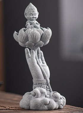 中式悟空坐莲茶宠摆件创意齐天大圣佛手莲花鱼缸盆栽造景桌面装饰