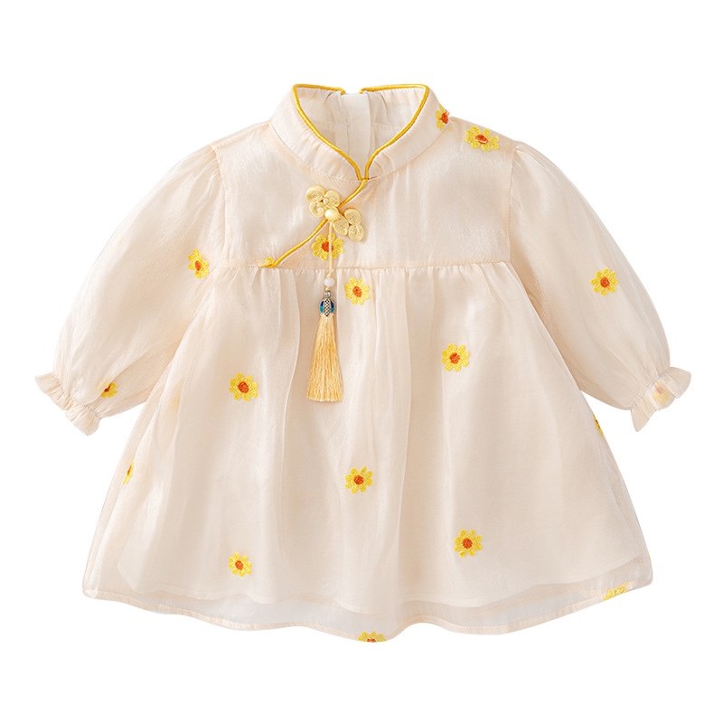 婴儿旗袍连衣裙春秋装女宝宝周岁礼服公主裙中国风软纱生日小裙子