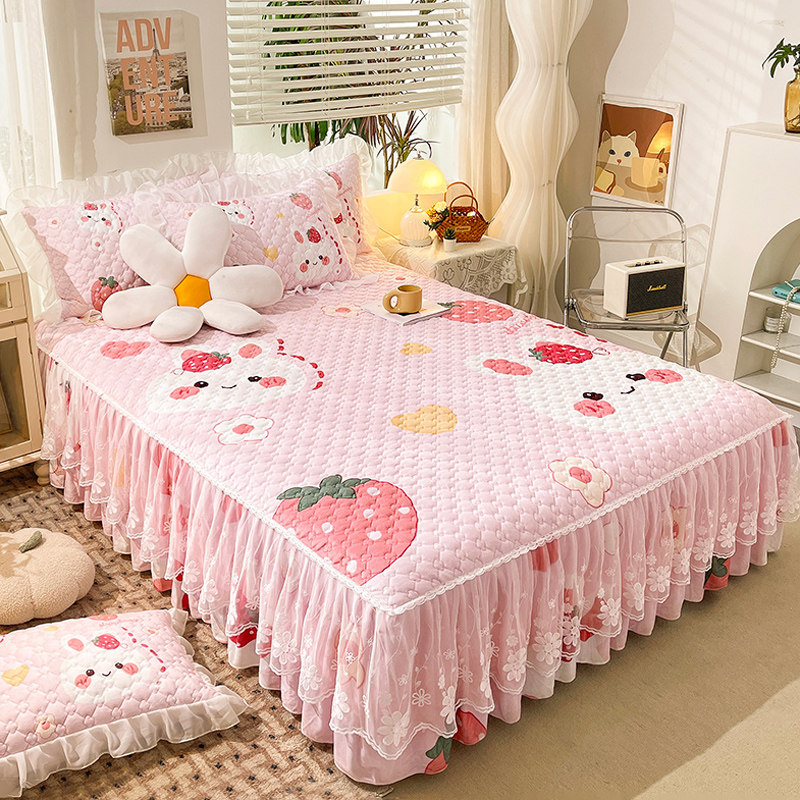 秋冬可爱卡通水晶绒床裙单件夹棉床单牛奶珊瑚绒床围裙三件套床罩