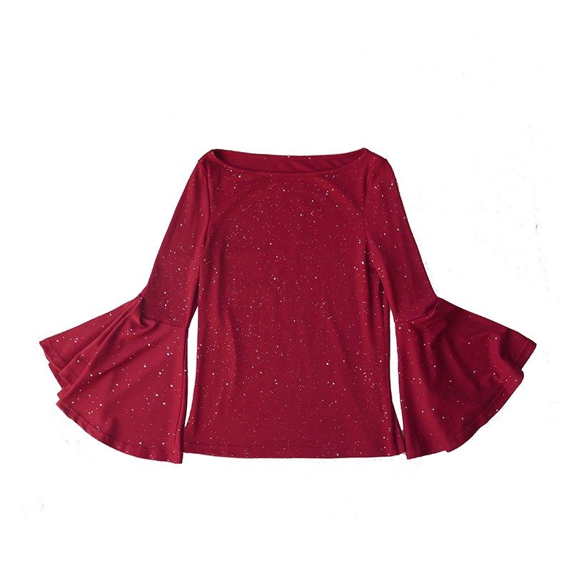 新年一字领大红色法式亮片女设计感修身显瘦长袖喇叭袖打底衫T,女装/女士精品,T恤,淘宝优惠券,粉丝福利购,淘宝优惠卷