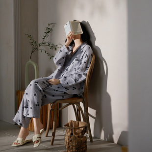 思莉太太全棉睡衣女春秋款长袖泡泡纱布双层棉纱线纯棉文艺家居服