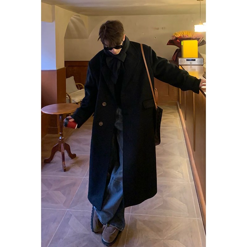 fmario 韩风羊毛加厚夹棉保暖呢子大衣中长款过膝宽松呢料外套男