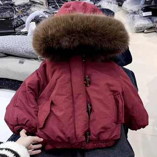 男女童棉服外套加绒2026冬季新款儿童装连帽大毛领加厚红色派克服