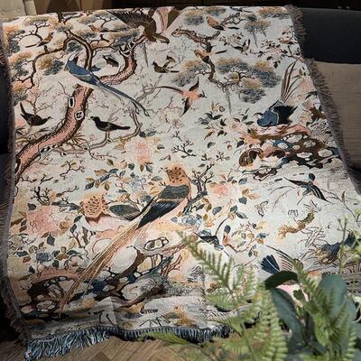 花鸟祥和 中古风线 线毯客厅沙发毯卧室床头毯装饰毯流苏挂毯布艺