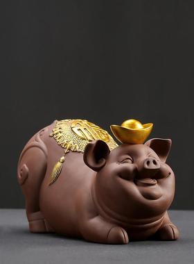 中式创意紫砂摆件大号可爱招财猪 办公室客厅家居陶瓷工艺品装饰