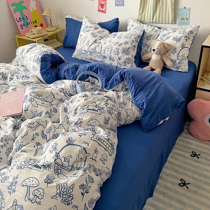ins蓝色涂鸦风四件套纯水洗棉麻床上用品被套床单学生宿舍三件套