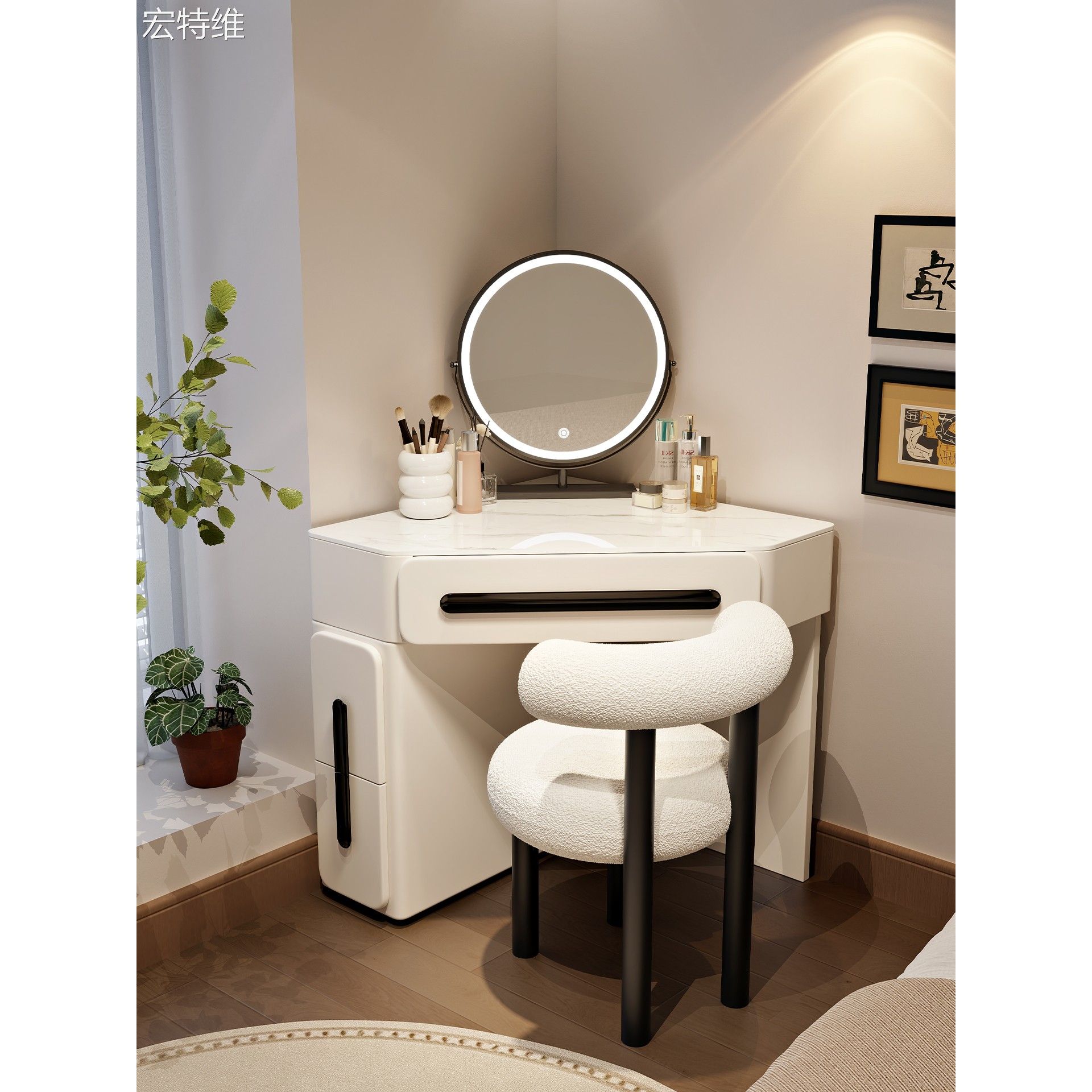 三角转角梳妆台收纳柜一体奶油风主卧床头拐角墙角化妆桌小型80cm