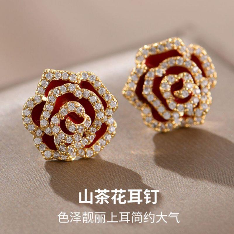 红色山茶花纯银针防过敏不掉色
