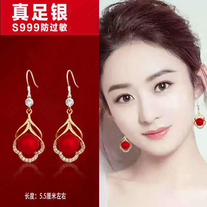 2026年新款潮饰品新年红色喜庆耳环女秋冬国风过年气质999纯银勾