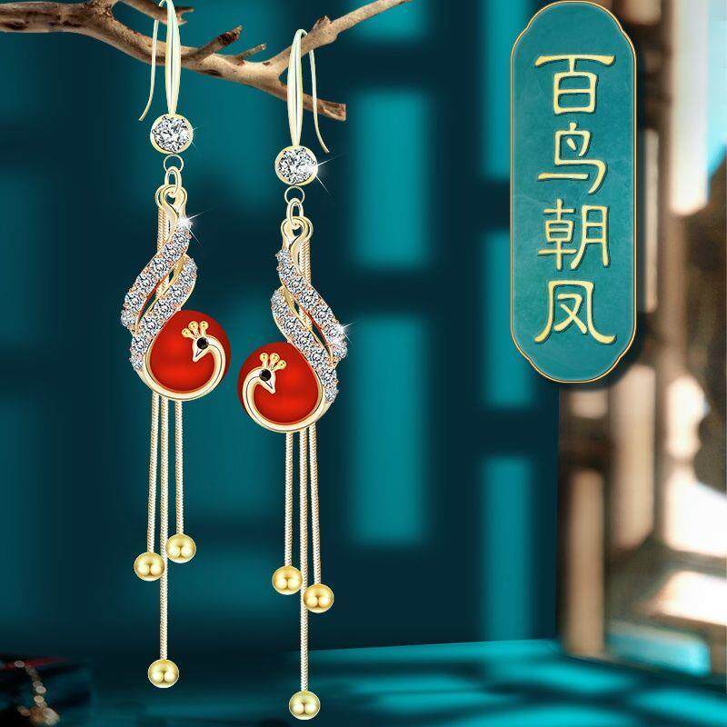 中国风凤凰珍珠流苏耳环新娘红