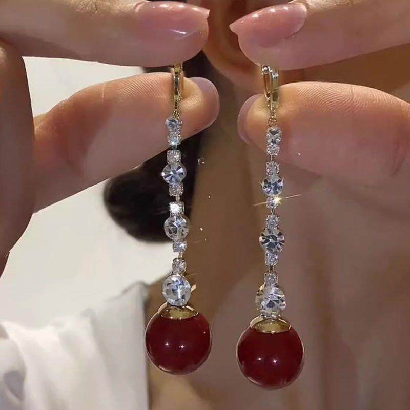 新娘结婚红色镶钻珠珠耳环