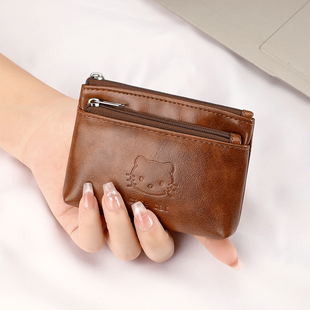 复古皮质KT猫零钱包女小巧便携拉链卡包迷你超薄款耳机钥匙收纳包